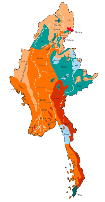 An ethnolinguistic map of Burma.

By Kf8; Original author is U.S. Central Intelligence Agency. - Own work, CC0, https://commons.wikimedia.org/w/index.php?curid=32638064