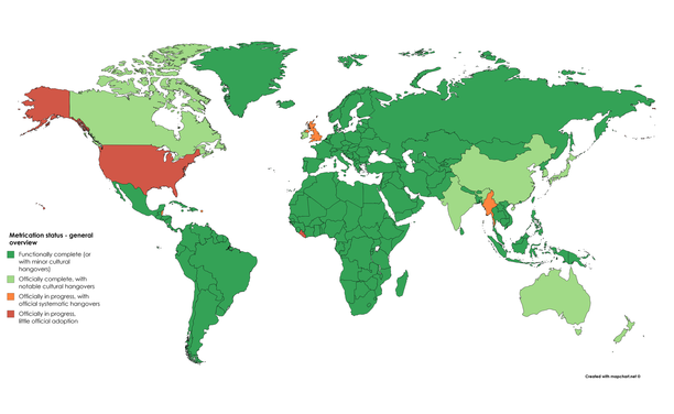 World map showing "Metrification" status