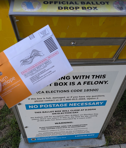 Photo of me holding my ballot envelope, ready to drop it in the Official Ballot Drop Box!
