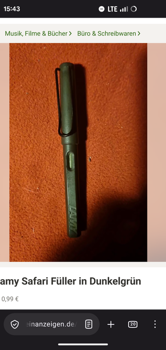Screenshot of a Kleinanzeigen advert for a fountain pen. Heading says 'Lamy Safari Füller in Dunkelgrün' (fountain pen in dark green)