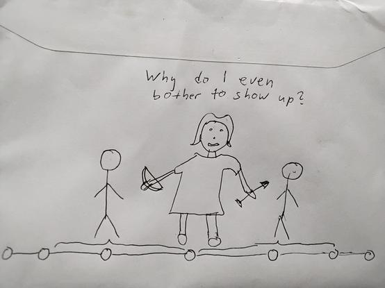 A photo of a drawing showing the last example. Riley and Spike are unrecognizable primitive stick figures, Buffy is bad copy from the famous "Buffy will patrol tonight" drawing. Overbraces indicate the nodes that Riley and Spike protect. Buffy says: "Why do I even bother to show up?"