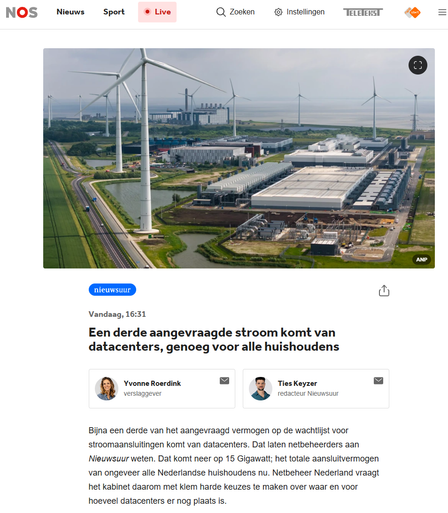 Screenshot of article, link: https://nos.nl/nieuwsuur/artikel/2635097-een-derde-aangevraagde-stroom-komt-van-datacenters-genoeg-voor-alle-huishoudens