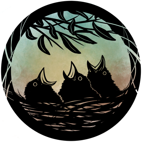Black silhouette drawing of a nest with three baby birds inside. Everything is surrounded by thick circle and the nest is filling almost third part of it. The birds are looking up, with beaks open, like waiting for feeding, even if there is only tree branch with small elongated leaves above them. The circle is filled with pale gradient colour, brown and yellow near the nest and blue in top part around the branch.