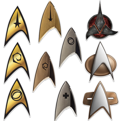 Star Trek combadge designs, including designs for command operations, science, Klingon officers, and medical divisions. It notably excludes sex/pleasure worker designs, which I think is a really big missed opportunity for Star Trek as a whole. Since sex workers have been a part of Star Trek since Risa and the Orions dancer.