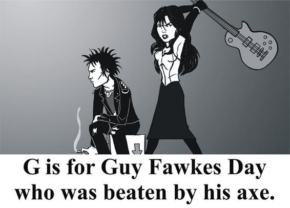 The anthropomorphic personification of Halloween from the Daria cartoon, a 20-ish gothy woman, is wielding a guitar as a blunt instrument weapon, preparing to bash the personification of Guy Fawkes Day, a leather-jacketed punk bloke