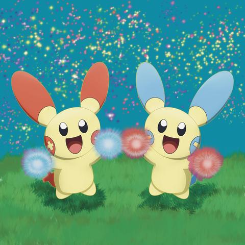 a drawing of the Pokémon plusle and minum standing next to one another mirrored and cheering while holding pompoms