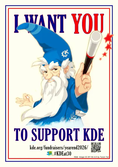 K&👽, the KDE wizard, points his staff out of a poster which reads "I want you" and "to support KDE" at the bottom. The link to the fundraiser is included at the bottom as is a QR that points to the same place.

Konqi is featured with the "30" and "KDE" logos associated with the anniversary.

The art by Tyson Tan is distributed under CC By-SA 4.0 license.
