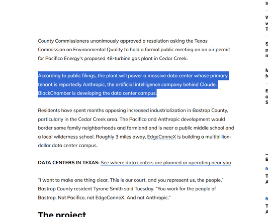 Screenshot of a news article with a highlighted paragraph stating a proposed 48-turbine gas plant would power a massive data center whose reported primary tenant is Anthropic (the AI company behind Claude), and that BlackChamber is developing the campus.