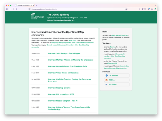 Screenshot of the OpenCage OpenStreetMap interview series page on the OpenCage blog