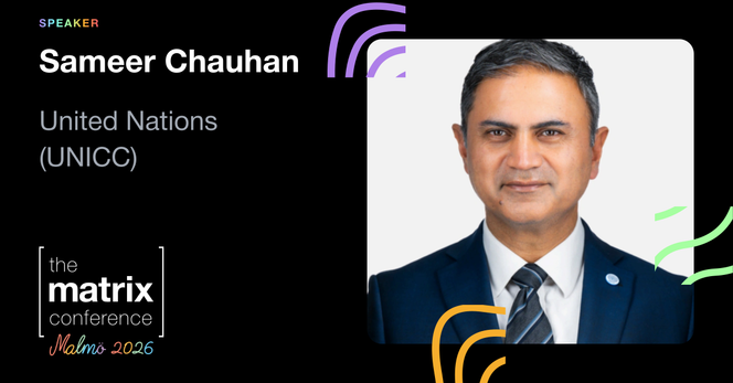 Speaker card with a photo of speaker Sameer Chauhan and the title of his talk "United Nations (UNICC)"