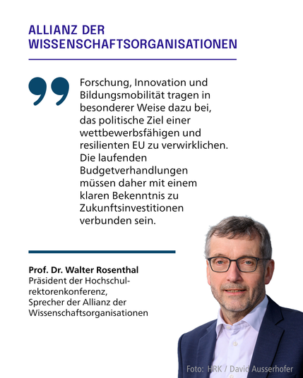 Portraitfoto von HRK-Präsident Walter Rosenthal in weißem Hemd und blauem Sacko. Daneben steht ein Zitat von Rosenthal: "Forschung, Innovation und Bildungsmobilität tragen in besonderer Weise dazu bei, das politische Ziel einer wettbewerbsfähigen und resilienten EU zu verwirklichen. Die laufenden Budgetverhandlungen müssen daher mit einem klaren Bekenntnis zu Zukunftsinvestitionen verbunden sein."