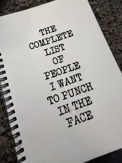 A white spiral bound notebook that reads “the complete list of people I want to punch in the face” in black font