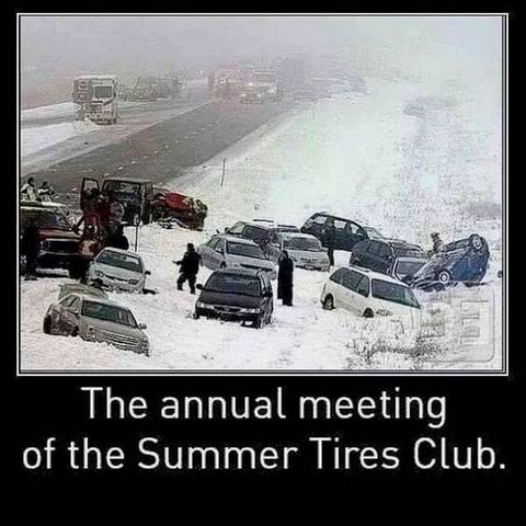 Meme: a photo of numerous vehicles in the ditch in on a snowy highway. Caption:

The annual meeting
of the Summer Tires Club.