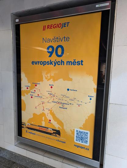 Map of RegioJet advertising 90 countries, from London to Kyiv, Berlin to Rome. Only a few lines are actually served by train.