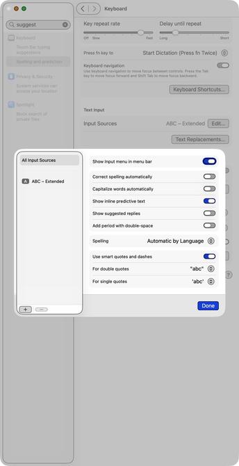 Screen grab of Tahoe Settings window with the Keyboard->Input Sources dialog open, showing various settings.