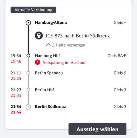Ausschnitt aus dem ICE Portal für ICE 873. Darin ist der Fahrtverlauf zu sehen. Er beginnt in Altona über Hamburg HBF, Spandau, Berlin HBF, Berlin Südkreuz.

An dem Halt in Hamburg HBF wird als Verspätungsgrund "Verspätung im Ausland" angegeben.