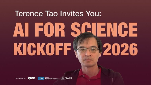 terence tao invites you: AI for science kickoff 2026. there is a picture of tao in front of these words. he looks quite unhappy