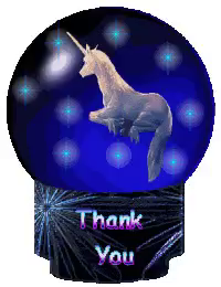 Thank you, says an unicorn in a round glass of water, with a typical 90's GIF showcase