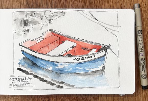 Sketch of a rowboat next to a stone wall