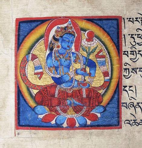 #Prajnaparamita Illumination, 11th century, West #Tibet (Tholing) Paper, pigments, gold. #Prajñāpāramitā means "the Perfection of (Transcendent) Wisdom" in #Mahāyāna #Buddhism. It refers to this perfected way of seeing the nature of reality, as well as to a particular body of #sutras and to the personification of the concept in the #Bodhisattva known as the "Great Mother".
#BuddhistArt #Buddhism