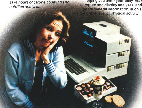 An image from Apple's Spring 1981 Special Delivery Software catalog. A woman is seated in front of an Apple II computer. She's looking longingly at a box of chocolates, a hot fudge sundae, and a pair of chocolate chip cookies.
