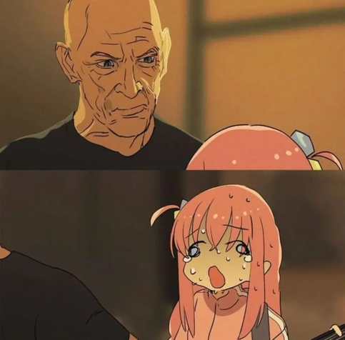 2 frames, the top frame is jk simmons from Whiplash . the bottom frame is an exhausted, sweating Bocchi