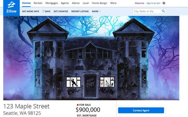 Dark, dilapidated two-story home at night with silhouettes of a man being chased and bloody hands dragging down a window listed on Zillow at 123 Maple Street in Seattle for $900,000