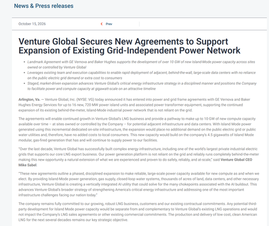 Press release headline announcing Venture Global's agreements with GE Vernova and Baker Hughes to expand its grid‑independent Island‑Mode power network and enable up to 10 GW of new capacity, shown on a News & Press Releases webpage dated October 15, 2026.