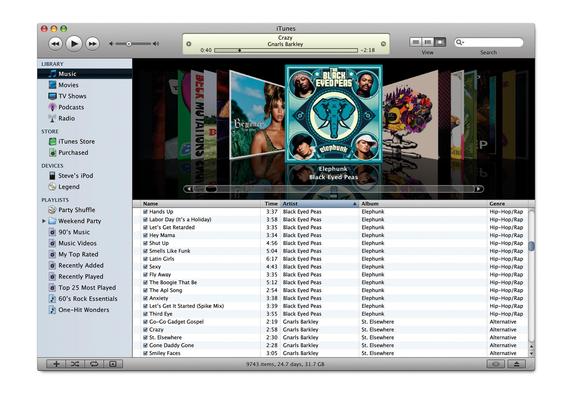 old screenshot of itunes with cover flow
