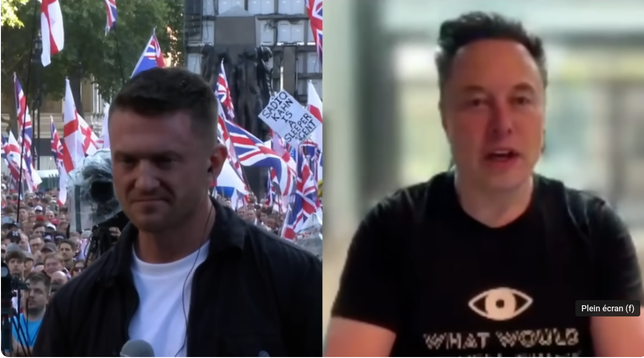 Elon Musk intervient régulièrement dans les manifestations anti-immigrants organisée par l'activiste d'extrême-droite Tommy Robinson pour inciter à la violence.  Lors du rassemblement « Unite The Kingdom » du 13 septembre 2025, il avait déclaré : « Vous vous trouvez ici dans une situation cruciale. Que vous choisissiez ou non la violence, la violence viendra à vous. Soit vous vous défendez, soit vous mourez. »