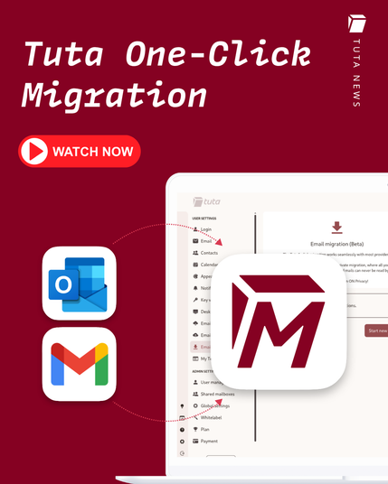 Image is tilted "Tuta One-Click Migration" with the subtitle "Watch now"