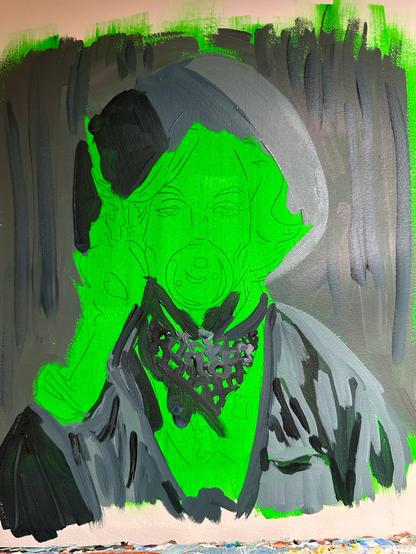 Much of the green is now covered up with various dark shades of gray for the hat, bandana, and jacket.