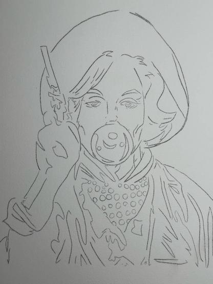 The transferred outline of Marilyn dressed as the bandit from the end of the Great Train Robbery, but blowing a large bubble.