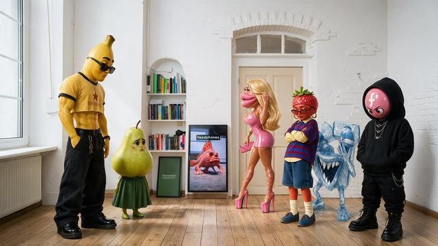 A group of six stylized character sculptures stands in a bright gallery with white brick walls, large windows, and wooden flooring. From left to right, the figures include a muscular character wearing a yellow banana-shaped mask, black sunglasses, a yellow cropped T-shirt, and black trousers; a small anthropomorphic pear with a sad expression and a green dress; a blonde, exaggeratedly proportioned female figure in a shiny pink mini dress and platform heels; a character with a strawberry-shaped head, glasses, a striped sweater, denim shorts, white socks, and blue sneakers; a translucent blue ice-monster figure with sharp teeth; and a black-clad figure with a large pink, cartoon-like head displaying a white social media symbol. Two framed digital screens stand against the wall behind them.