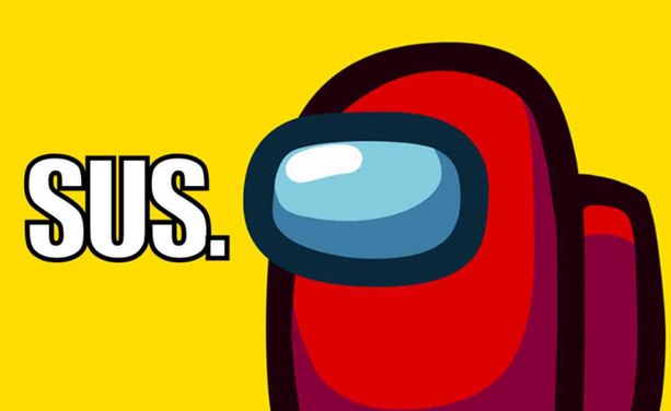 Meme of the red character from Among Us on a yellow background next to the word "sus".