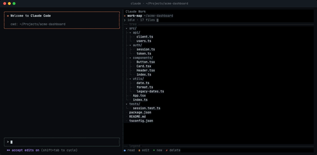 Claude Code work visualized, tree and code running on the right