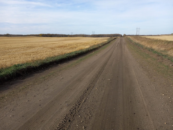 Another view of a long straight dirt road, this one less muddy, and with harvested fields full of stubble on both sides of the road.  The sky is mostly cloudy.