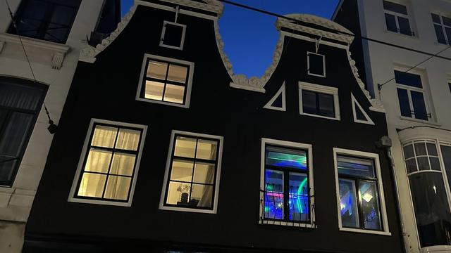 Dutch duplex with two identical apartments, one boring white light and one that has black lights and a discoball with color patterns
