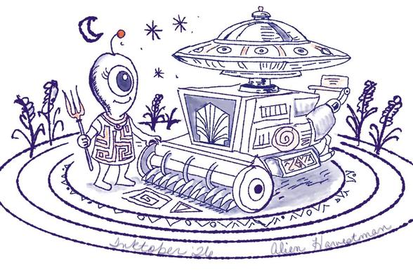 A happy cartoon alien of the 1960s variety, stands next to a flying saucer with a combine tractor attachment, in the middle of a crop circle, with some corn stalks on the edges. The sketch is done in purple ink, with spot color of orange in various places.
