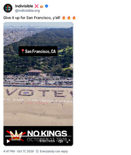 Bsky post by Indivisible ❌👑 @indivisible.org
Give it up for San Francisco, y’all! 

With aerial video of beach with humans lined up to spell out
VOTE
TO END THE NIGHTMARE