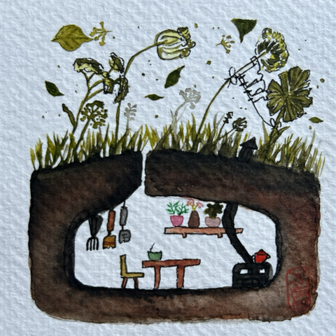 Watercolor illustration of a cute underground home with grass and plants in the wind at the surface