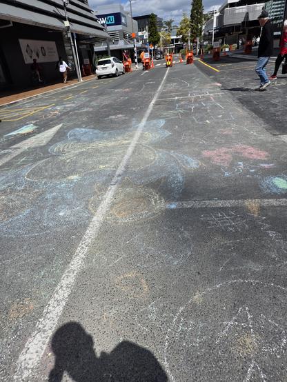 Closer shot of the chalk doodles with shadow of the photographer