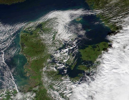 Denmark seen from the meteorological satellite NOAA 21 on October 17,  2026.
Stripes of clouds, in particular at the Northernmost part of Jutland.