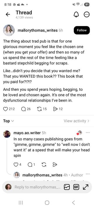 Mallory Thomas is an author of romance fiction. She's taking about the way publishers work hard to sign up authors, only to treat them like trash once the book is heading for shelves. Unless you're top tier of course. And yes, there are tiers. Some of us can't see the tiers for the tears.