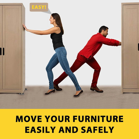 Cartoon woman and man are pushing furniture in opposite directions.

Cartoon woman has a speech bubble that says "Easy!"

Bottom caption: "MOVE YOUR FURNITURE EASILY AND SAFELY"