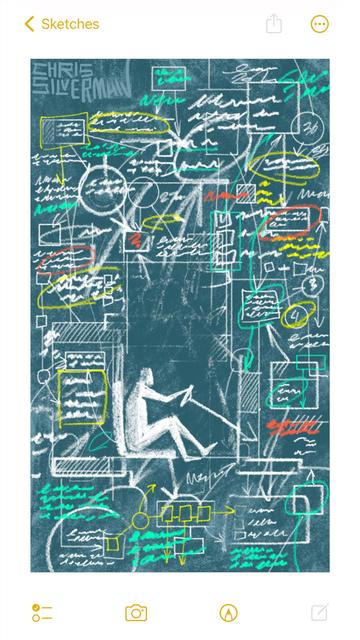 A dark green blackboard is covered with an impenetrable tangle of scribbles, charts, connected boxes, lines, and chaos in multicolored chalk. In the middle, some of it has been erased to form a small empty area in which a person sits, holding a steering wheel as though they are driving a car. The painting is signed "Chris Silverman".