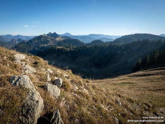 A serene mountain landscape photograph taken in daylight under a clear blue sky. The rocky, grassy foreground is scattered with loose stones, leading the eye toward dense, dark green forests that blanket the rolling hills of the middle ground. Behind them, a layered mountain range rises toward the horizon, its ridges fading into atmospheric haze. Bright natural sunlight illuminates the scene evenly, emphasizing the textures of rock, grass, and coniferous woodland. No people, animals, or movement are visible, giving the image a calm, tranquil mood.