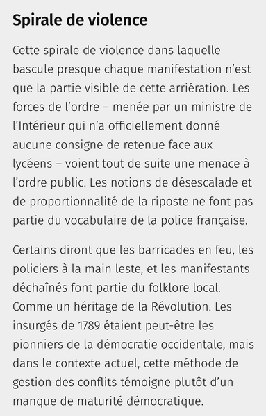 Extrait d’un article de Courrier international: Vu d’Allemagne. La France a un problème de violence, et il commence par sa police