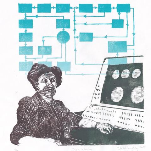My linocut of Trixie Worsley (in brown) seated at the FERUT computer (in dark green) overprinted with a flow chart from one of her papers in a gradient of pale blue.