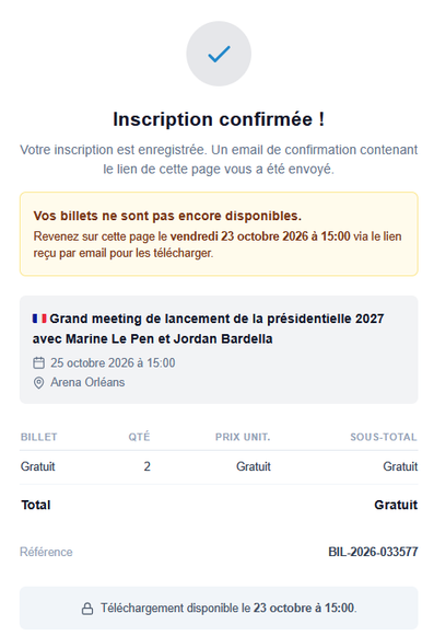 Confirmation d'inscription de 2 places au meeting de lancement de la présidentielle 2027 du R Haine.